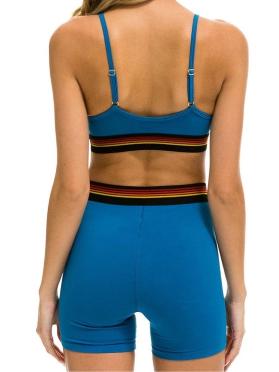 Aviator Nation Pants - Aviator Nation Teal Blue Striped Elastic-Band Bralette & Shorts Set